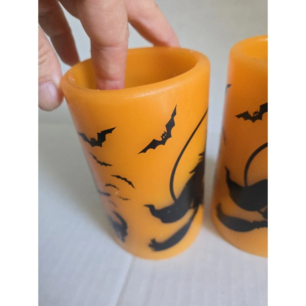 2 Halloween Flameless LED Pillar Candles Orange Black Witch Cat Bats Wax Battey
